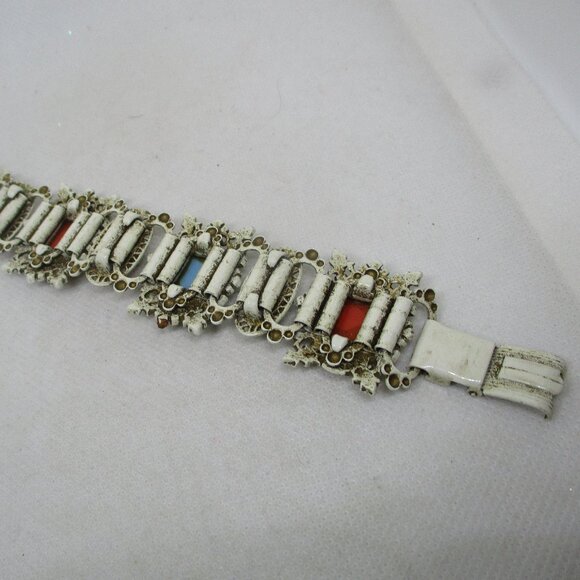 Vintage 1950s Enamel Celluloid Cabochon Section Bracelet Antiqued White Enamel - Picture 6 of 12